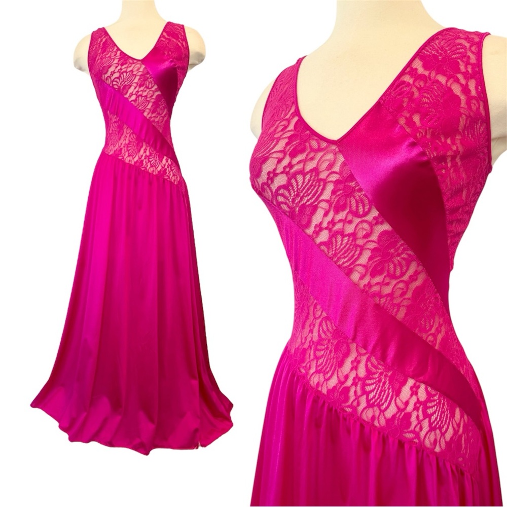 Vintage OLGA Silky Nylon Magenta Hot Pink Lace Bodysilk Maxi Gown Slip Dress M